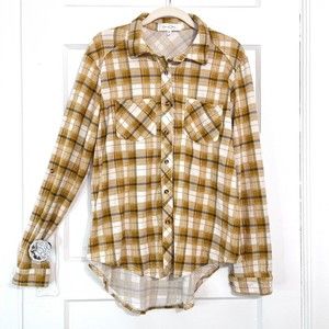 Eden & Olivia Womens Button Up Plaid Shirt Medium M Mustard Yellow Stretch Knit